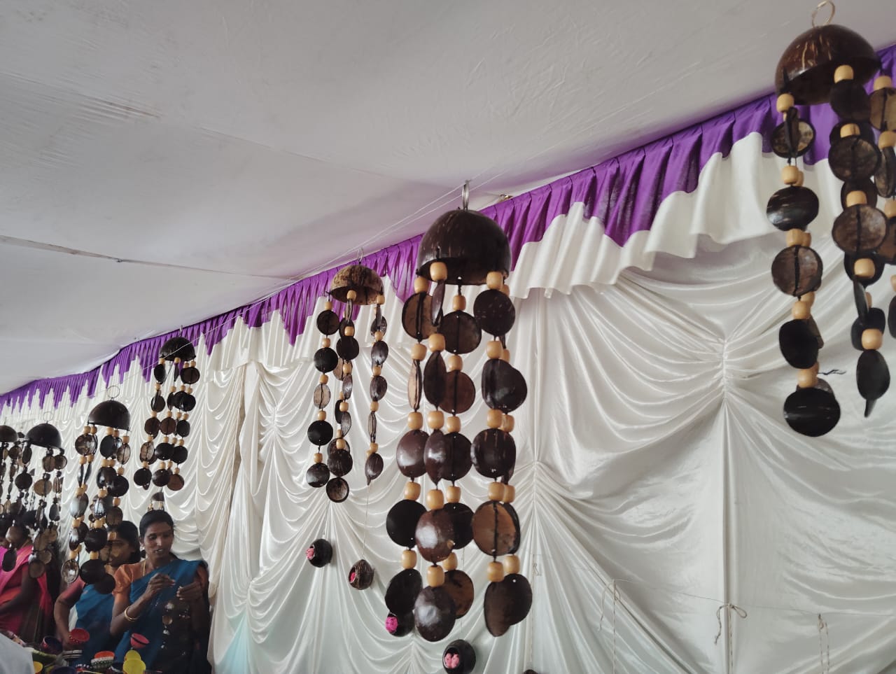Display of value added coconut shells artefacts made by the GSDP trainees during the valedictory fun